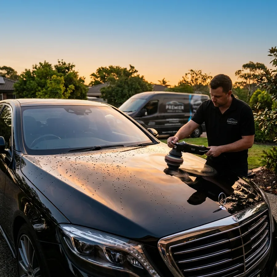 Freshly detailed car glistening in a residential driveway with a mobile detailing van in the background.