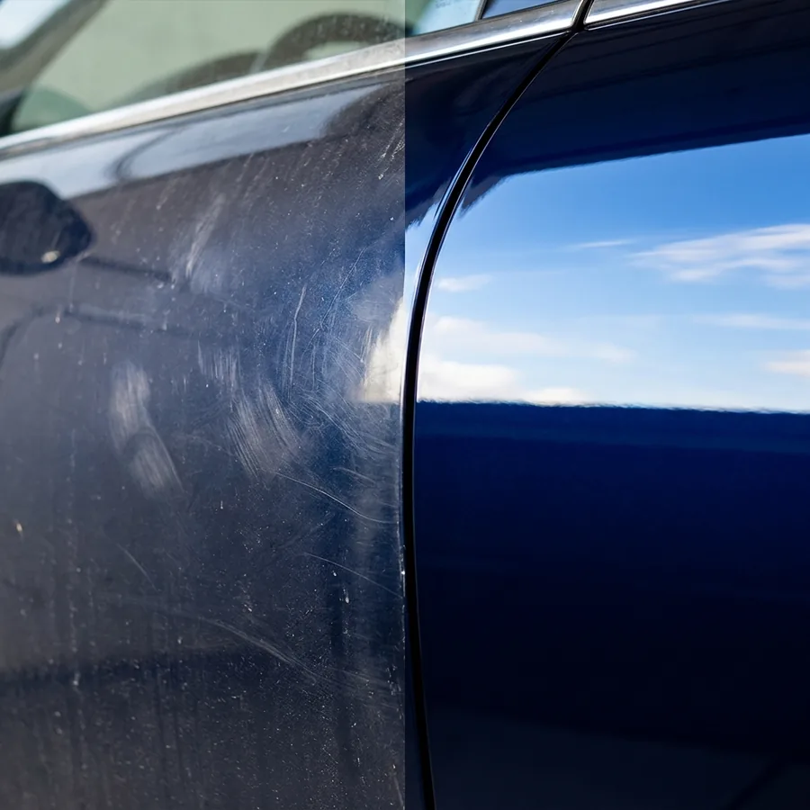 Split before-and-after image of a car door panel showing dull paint on the left and mirror-finish ceramic-coated paint on the right.