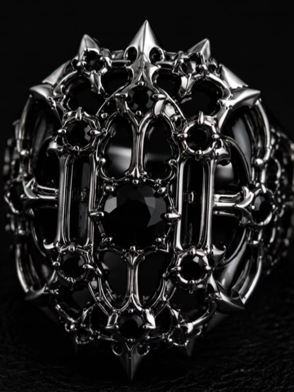 Ornate gothic sterling silver ring with spiked detailing and black stones, shot close-up on a dark surface.